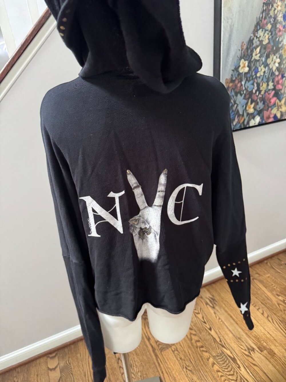 Lauren Moshi Destiny NY Elements Hand Zip Up Hoodie Sweatshirt Black Medium